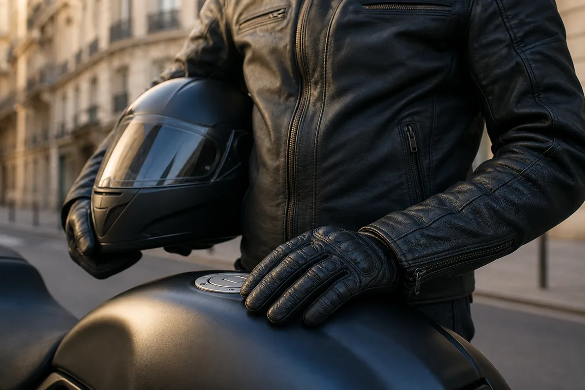 Motard équipé posant la main sur le réservoir d’une moto de moyenne cylindrée garée en ville
