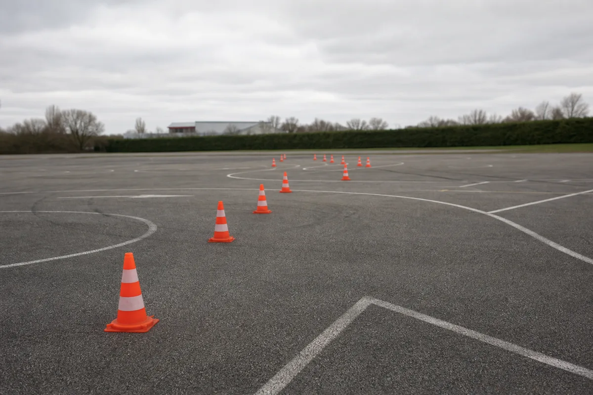 Piste de manœuvres d’une moto-école avec cônes disposés au sol par temps couvert