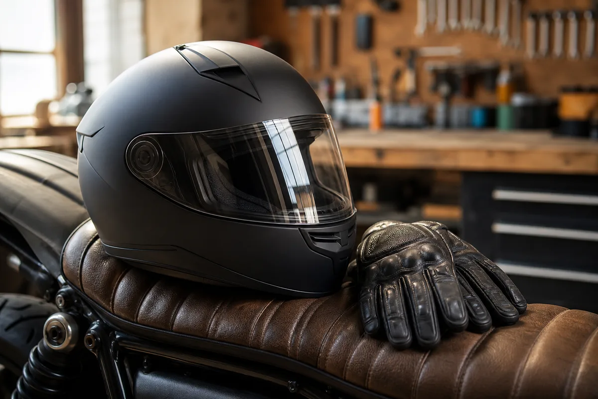 Casque intégral et gants moto posés sur une selle en cuir dans un atelier lumineux