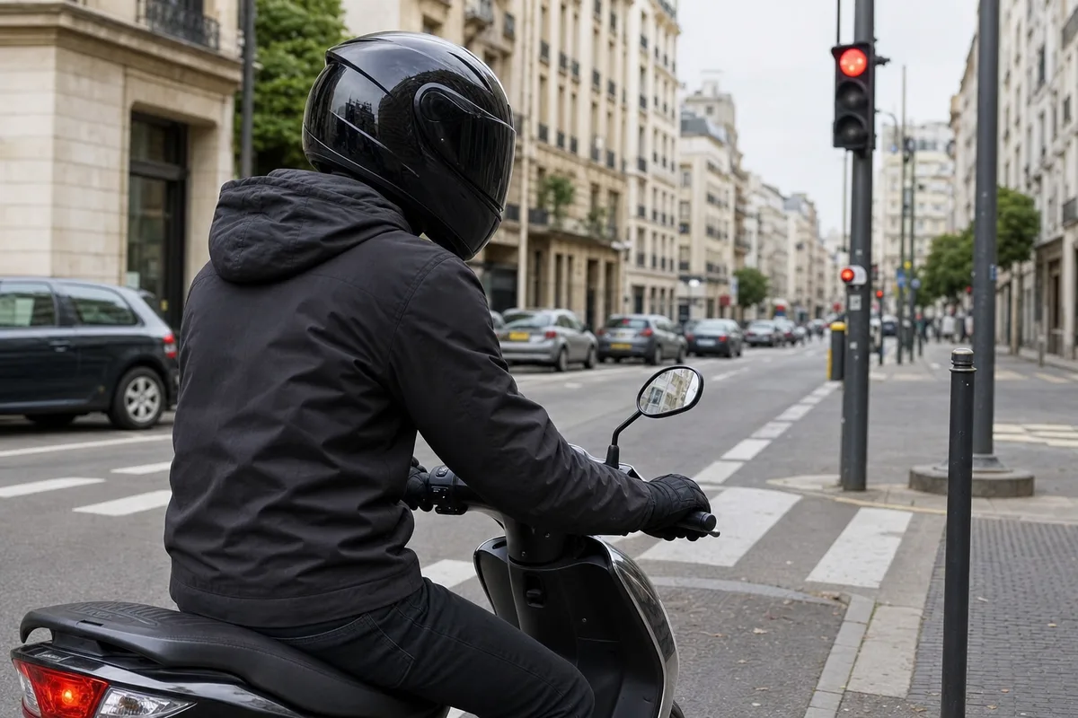 Adolescent au guidon d’un scooter 50 cm³ à l’arrêt dans une rue de ville, casque intégral homologué