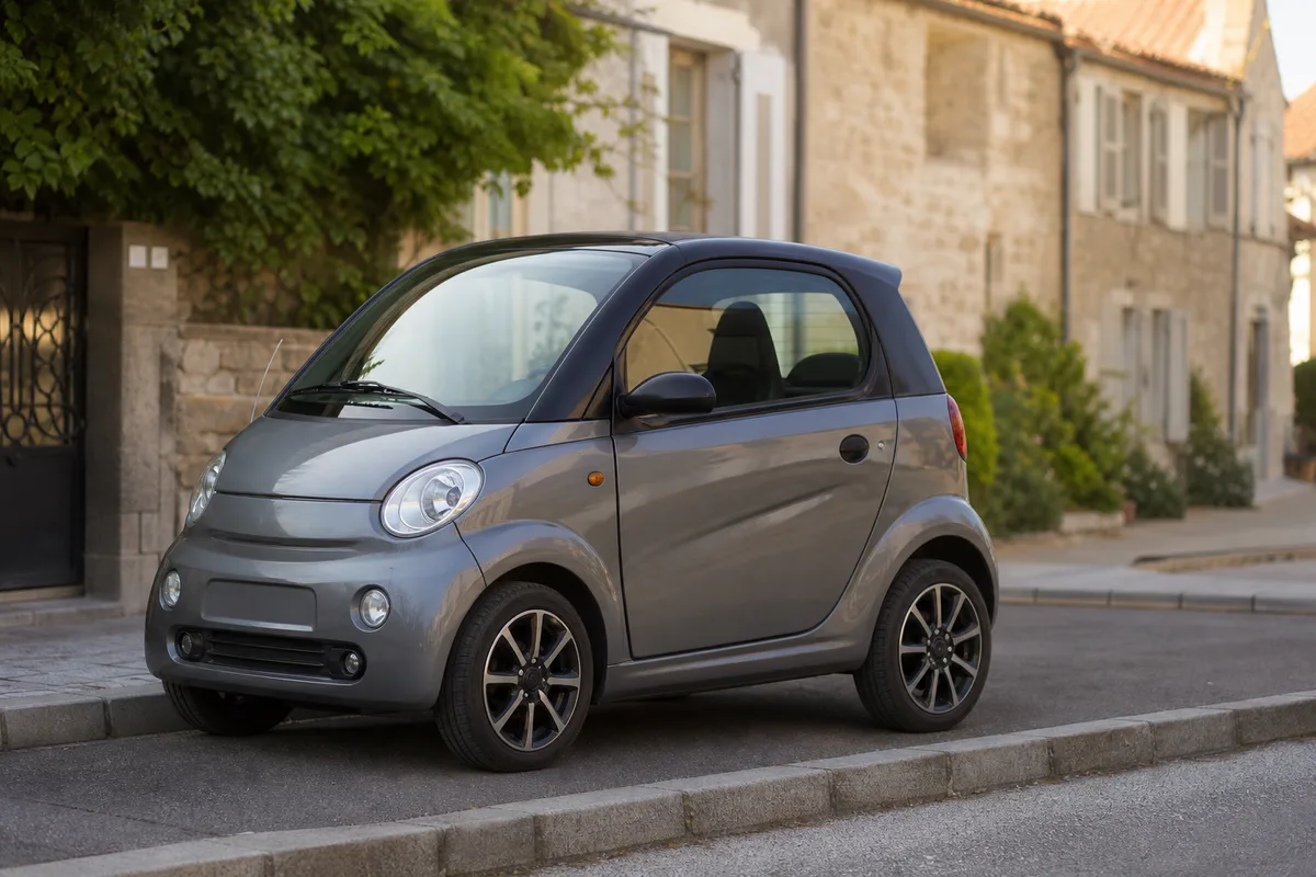 Voiturette sans permis garée le long d’un trottoir dans une rue résidentielle de village français