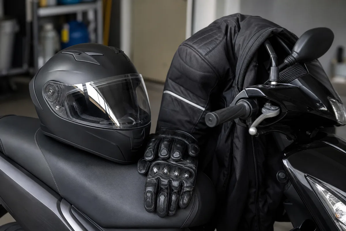 Équipement complet du motard cyclomoteur posé sur une selle de scooter : casque intégral, paire de gants et blouson