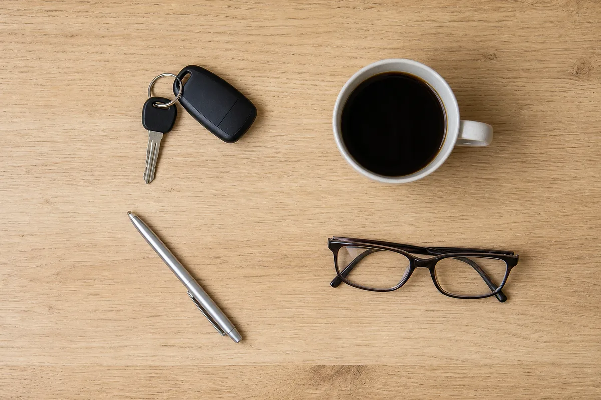 Contrat d’assurance auto, calculatrice et clés de voiture posés sur une table en bois