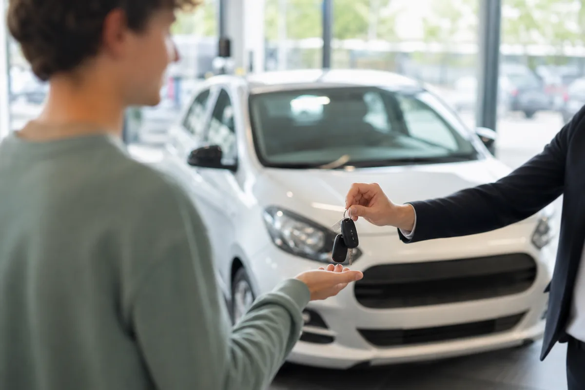 Jeune conducteur souriant recevant les clés de sa première voiture devant une concession