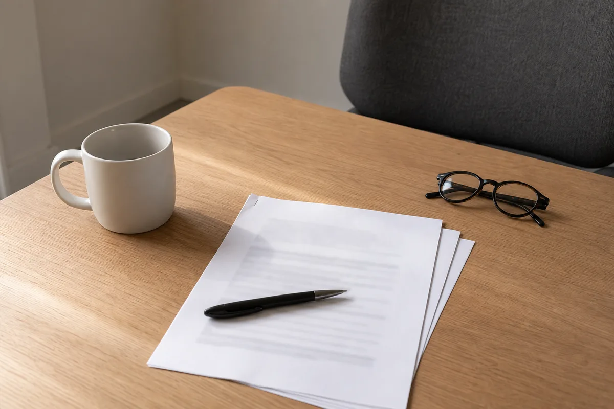 Bureau d’inscription d’une école de conduite avec contrat papier et stylo posés sur la table