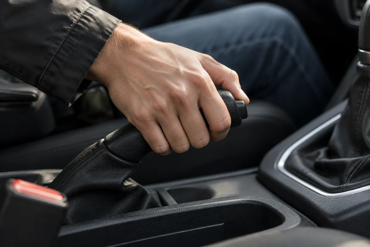 Main posée sur le levier de frein à main d’une voiture à l’arrêt