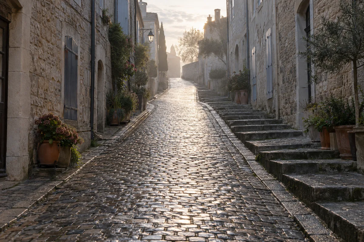 Rue pavée en pente et déserte au petit matin
