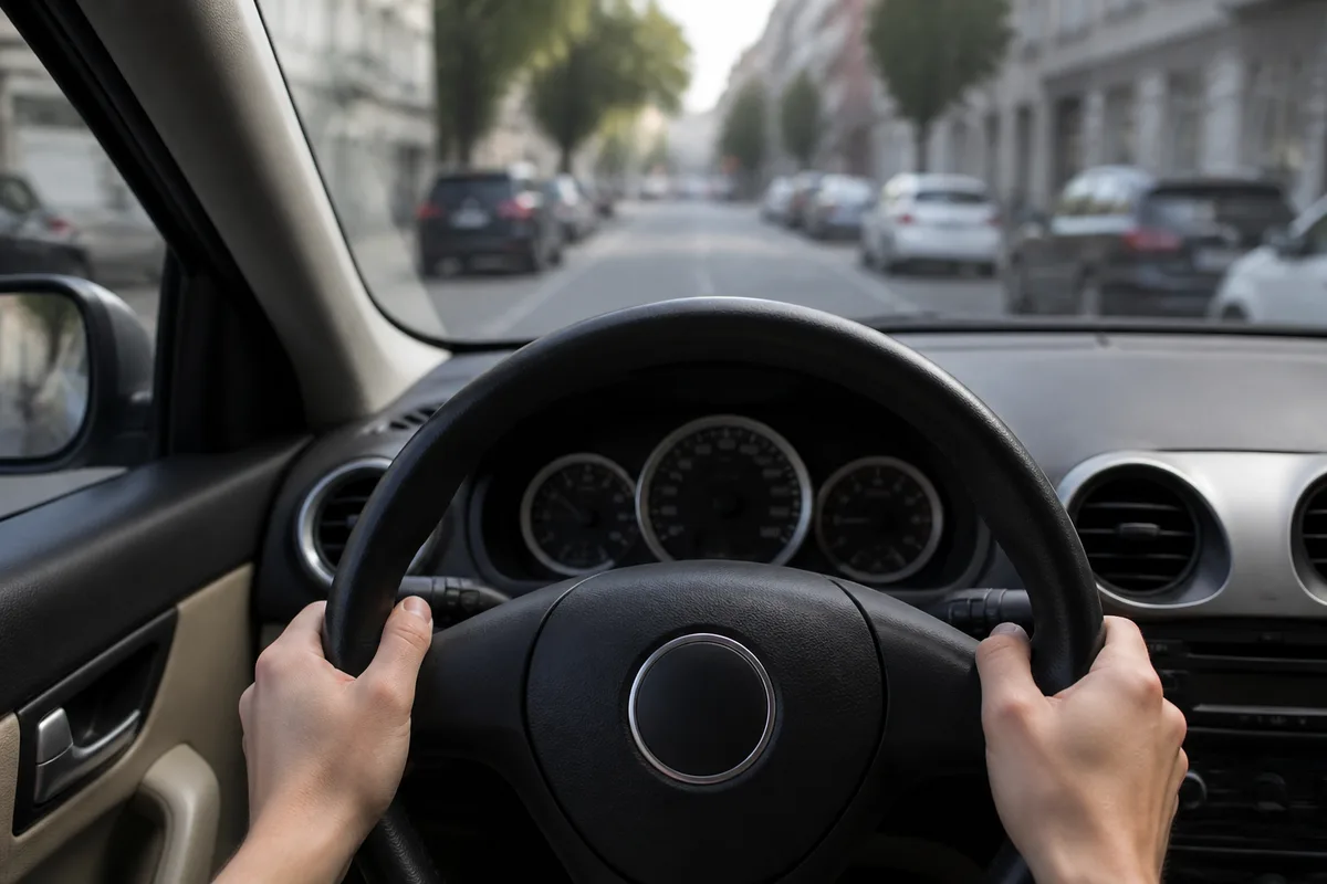 Tableau de bord d’une voiture d’auto-école vu depuis le siège conducteur