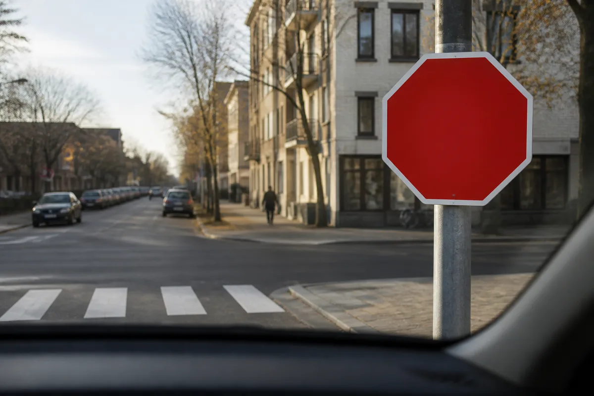 Panneau stop et intersection en zone urbaine vus de l’intérieur d’un véhicule