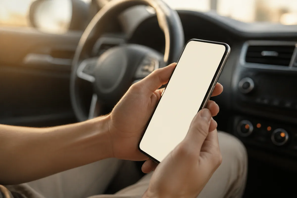 Écran de smartphone tenu à deux mains dans une voiture à l&rsquo;arrêt, tableau de bord flou en arrière-plan, lumière de fin d&rsquo;après-midi