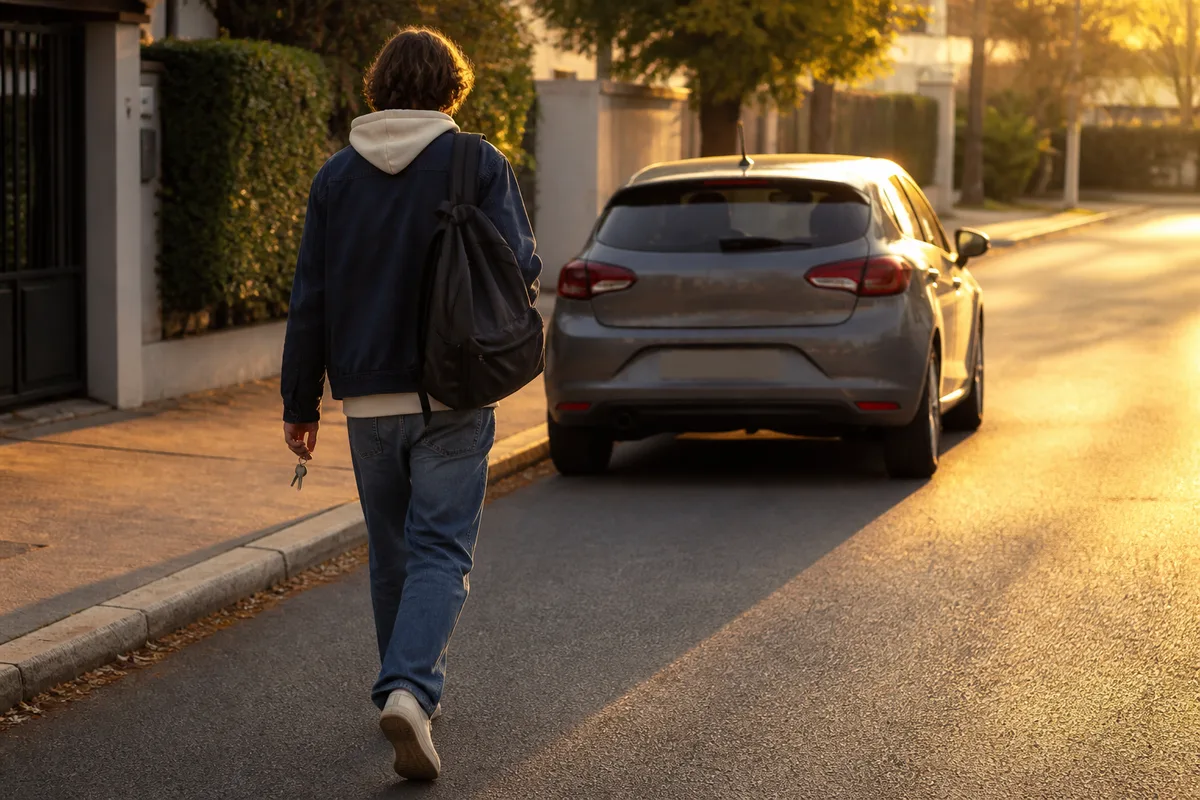 Jeune personne de dos, clés à la main, marchant vers une voiture compacte garée