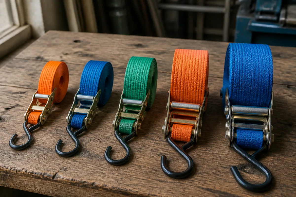 Jeu de sangles à cliquet de différentes largeurs posé sur un établi en bois