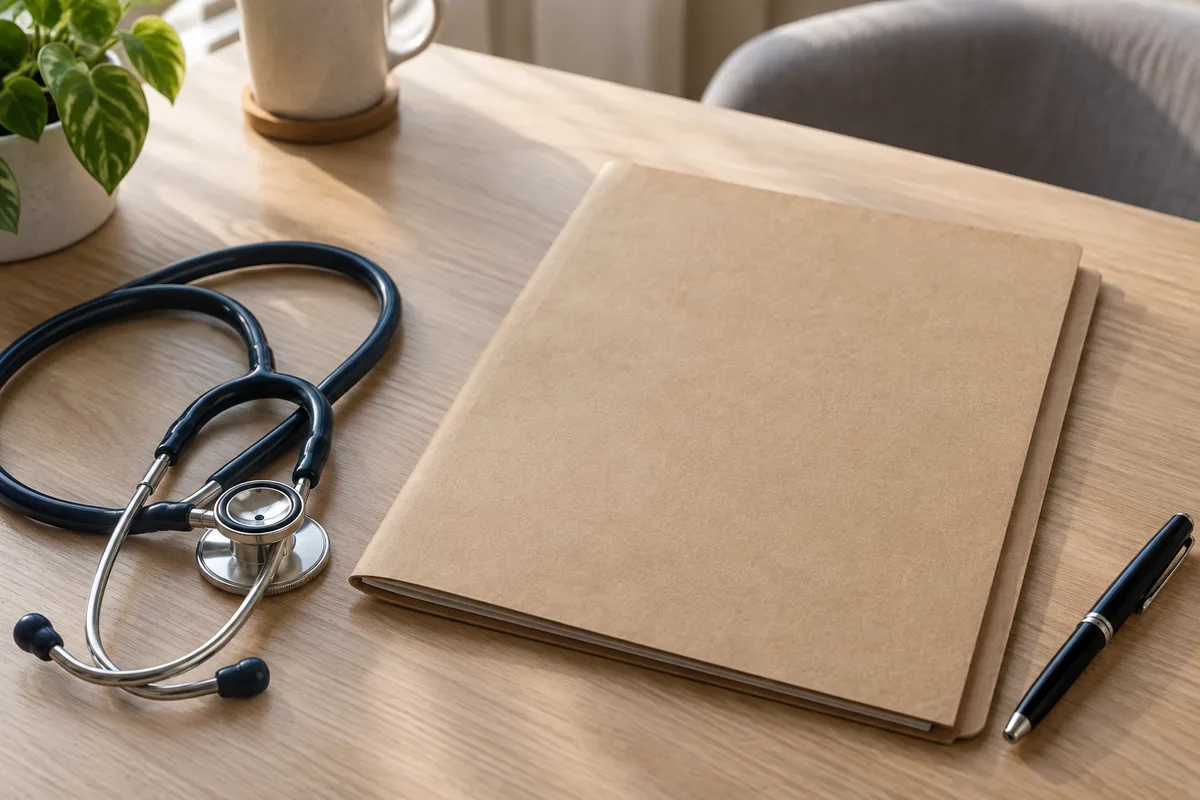 Stéthoscope posé sur une table à côté d’un dossier fermé à couverture unie