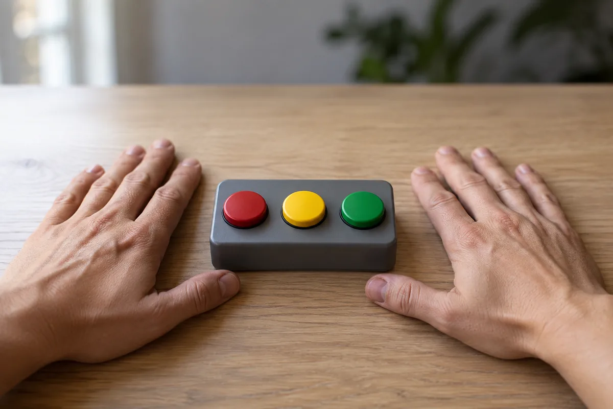 Mains posées sur une table devant un boîtier à boutons de couleur unis