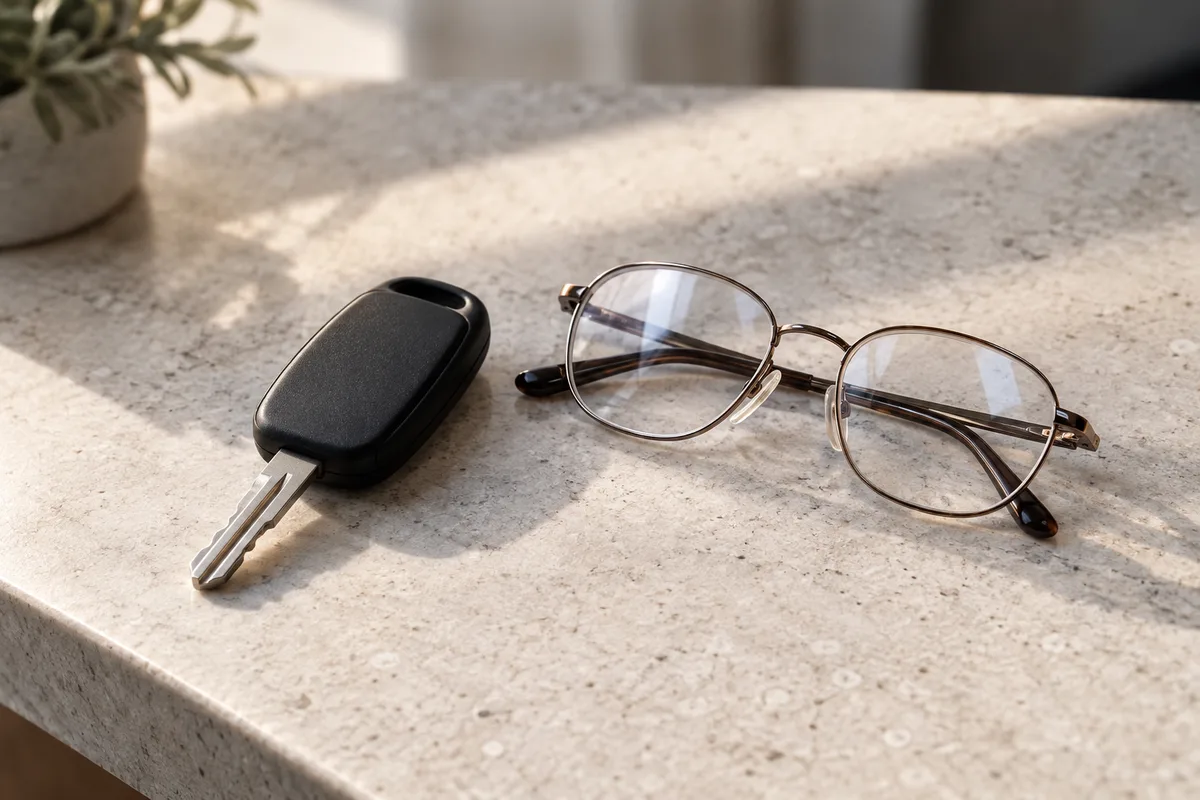 Clé de voiture et paire de lunettes posées sur un comptoir clair