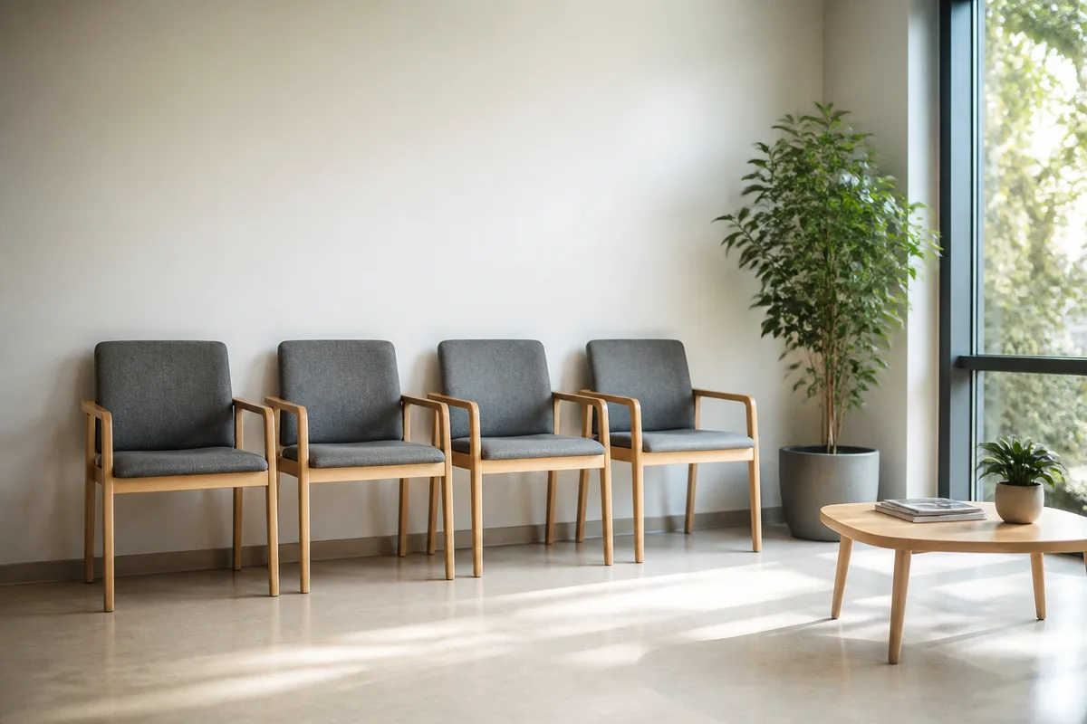 Salle d&rsquo;attente médicale sobre, chaises alignées le long d&rsquo;un mur clair, plante verte, lumière naturelle d&rsquo;une grande fenêtre