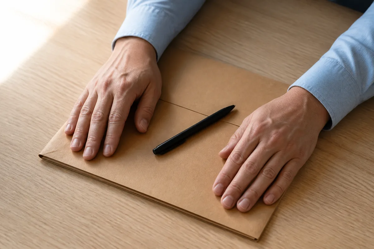 Mains posées sur une pochette cartonnée fermée et un stylo, table en bois clair, lumière douce venue d&rsquo;une fenêtre